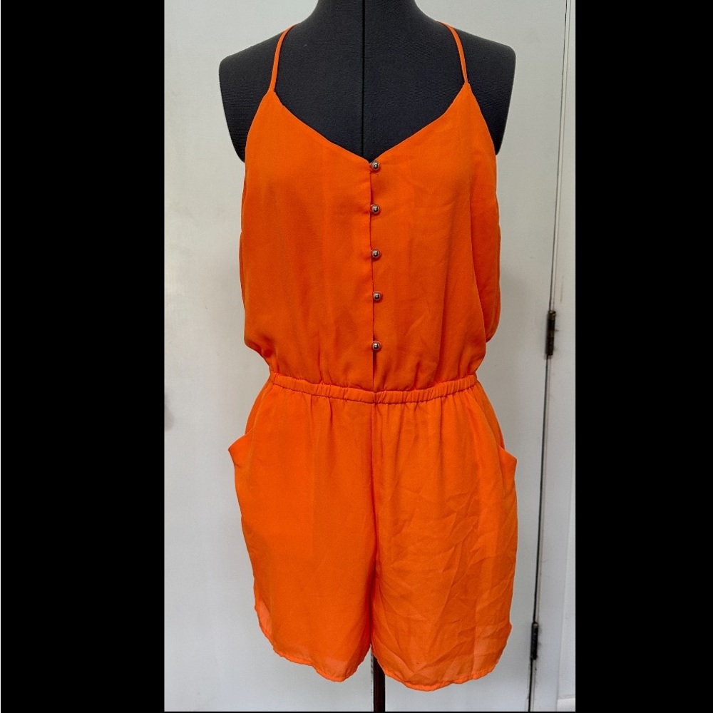 SEXY XOXO ORANGE SILKY CHIFFON SHORTS ROMPER HALTER SPAGHETTI STRAPS BEADED L - Picture 2 of 9